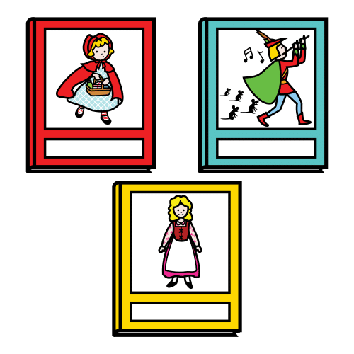 Tale Pictograma donde aparecen los dibujos de tres cuentos: Caperucita Roja, El Flautista De Hamelin y Ricitos de Oro.